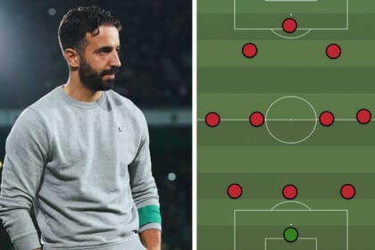 Lojtarët e Milanit të radhitur në fushë sipas skemës taktike 3-4-2-1 të Amorimit