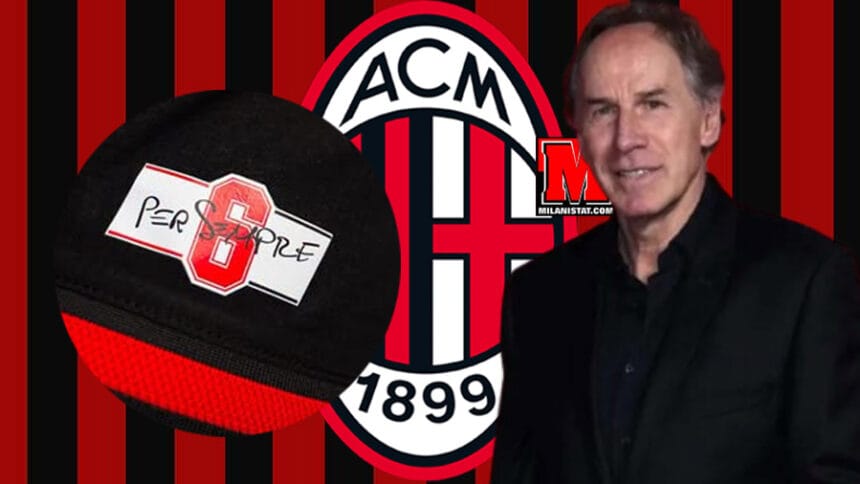 Franco Baresi dhe me stema e veçantë "6 për gjithmonë" në krahun e majtë të fanellës së Milanit