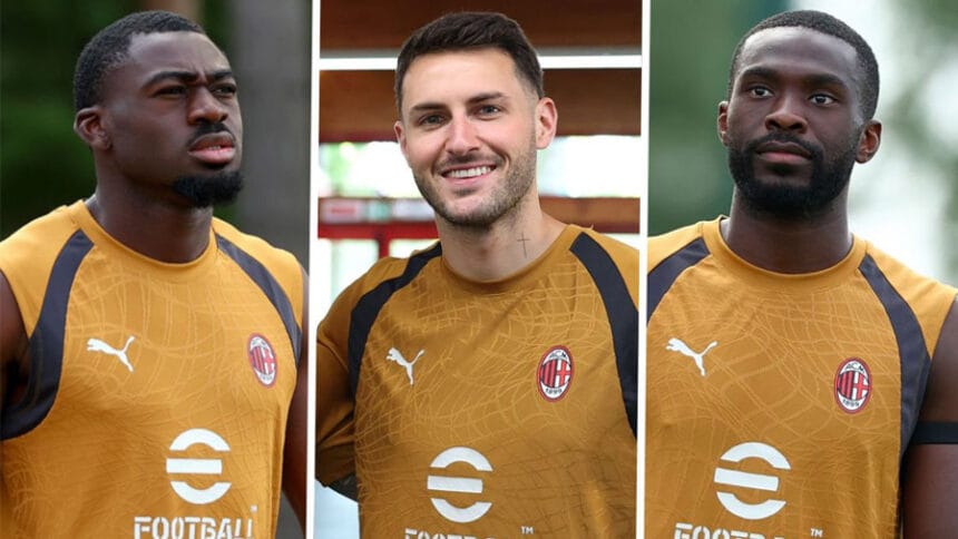 Fikayo Tomori, Youssouf Fofana dhe Santiago Gimenez me fanellën e Milanit gjatë një stërvitjeje