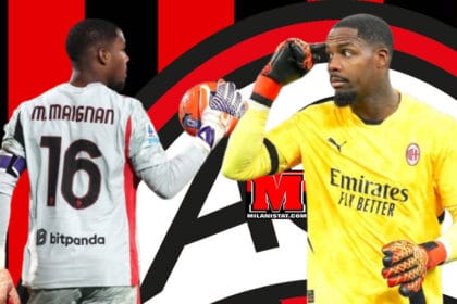 Mike Maignan mendueshëm me fanellën e Milanit gjatë një ndeshjeje zyrtare.