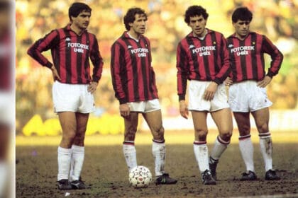 Franco Baresi dhe Roberto Donadoni ne nje ndeshje te epokës së Milanit të të Pamposhturve
