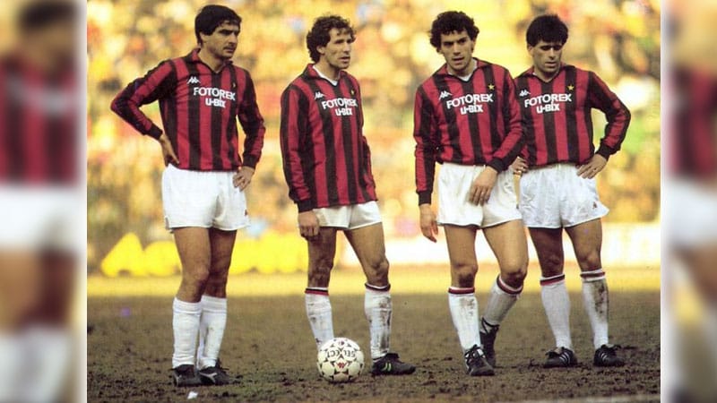 Franco Baresi dhe Roberto Donadoni ne nje ndeshje te epokës së Milanit të të Pamposhturve