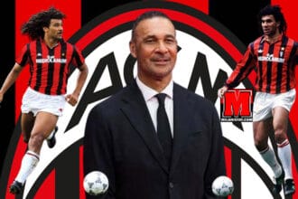 Ruud Gullit, ish legjenda e Milanit veshur me fanellën kuqezi dhe duke pozuar per mediat