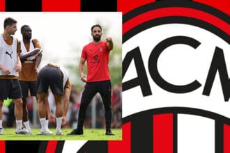 Trajneri Ruben Amorim gjatë një seance stërvitore në Milanello duke dhënë udhëzime taktike