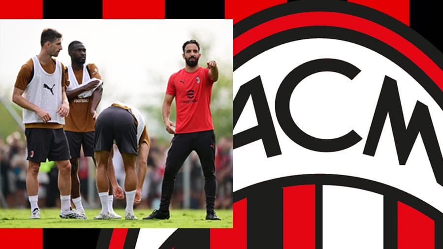 Trajneri Ruben Amorim gjatë një seance stërvitore në Milanello duke dhënë udhëzime taktike