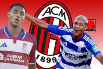 Dylan Rodriguez dhe Owen Emeka me fanellën e Granadës duke festuar një gol në Segunda División
