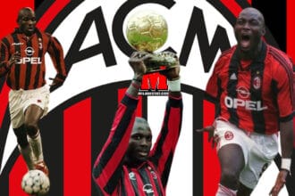 George Weah me fanellën kuqezi të Milanit duke festuar një gol dhe Topin e Artë