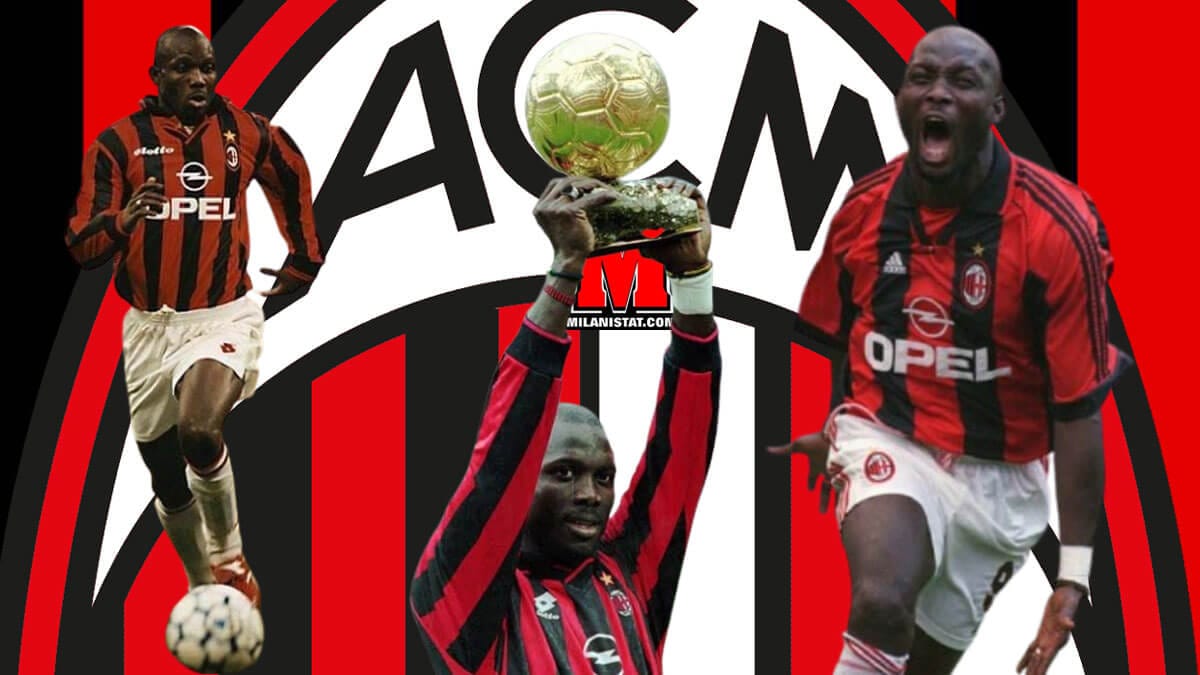 George Weah me fanellën kuqezi të Milanit duke festuar një gol dhe Topin e Artë